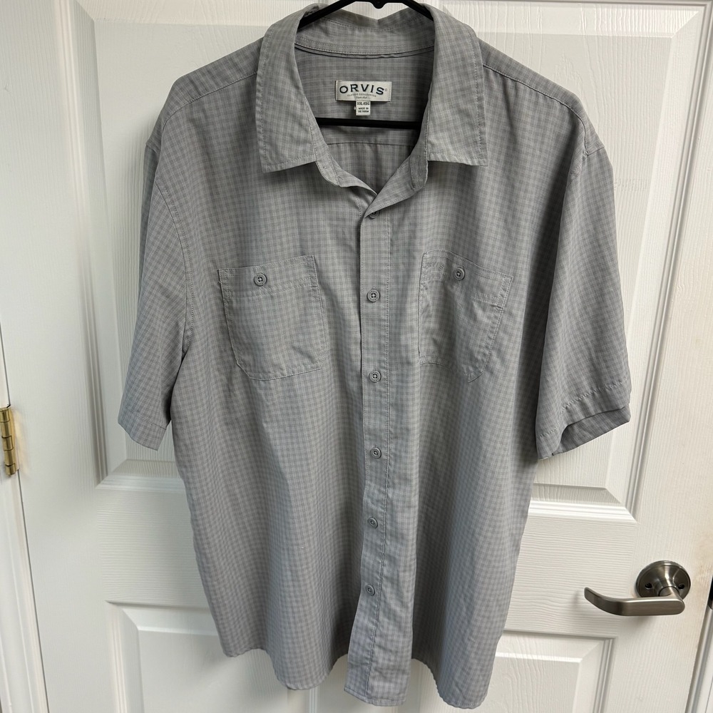 Orvis Short Sleeve Button Down Mens XXL Grey Plaid Good Utility Shirt